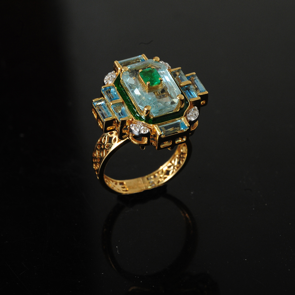 Diamond Cocktail RIng with Natural Emeralds and Aquamarine