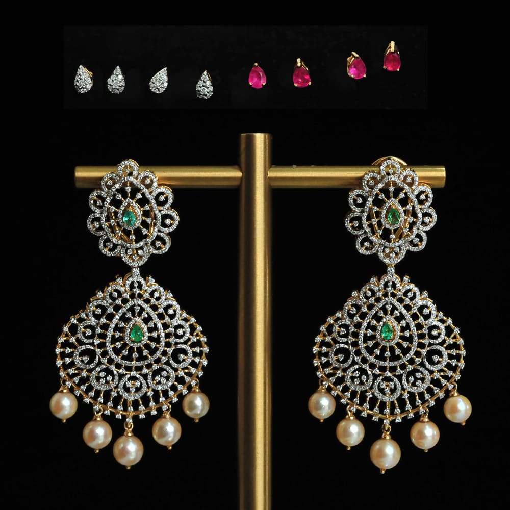 2 In 1 Diamond Earrings with changeable Natural Emeralds/Rubies and Pearl Drops.