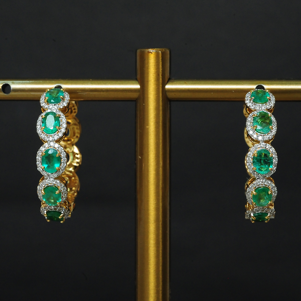 Diamond Hoop Earrings with Natural Emeralds and Blue Sapphires