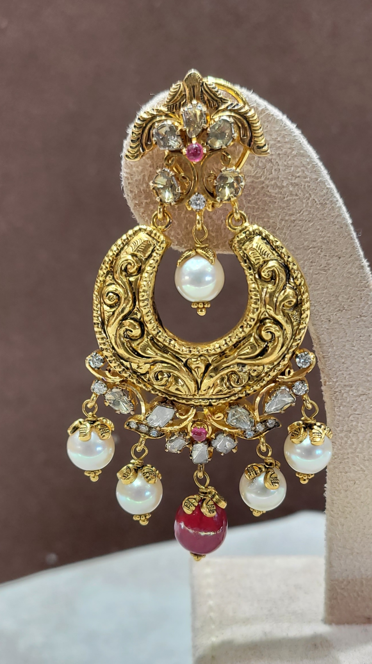 Temple Gold Earrings with Natural Rubies and South Sea Pearls.