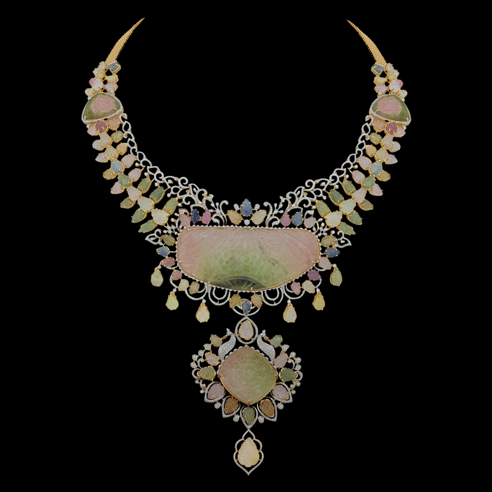 3-in-1 Diamond Necklace with Natural Carved Tourmaline and Sapphires
