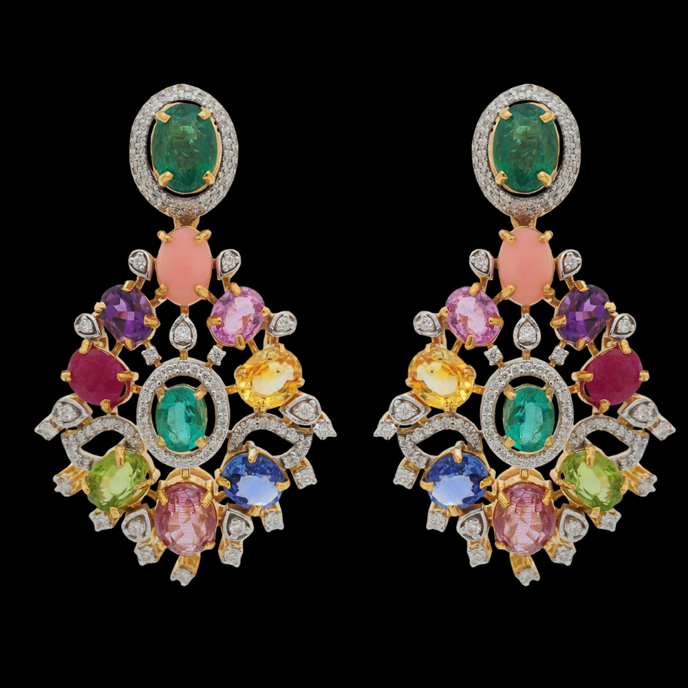 Diamond Earrings with Natural Mixed Gemstones