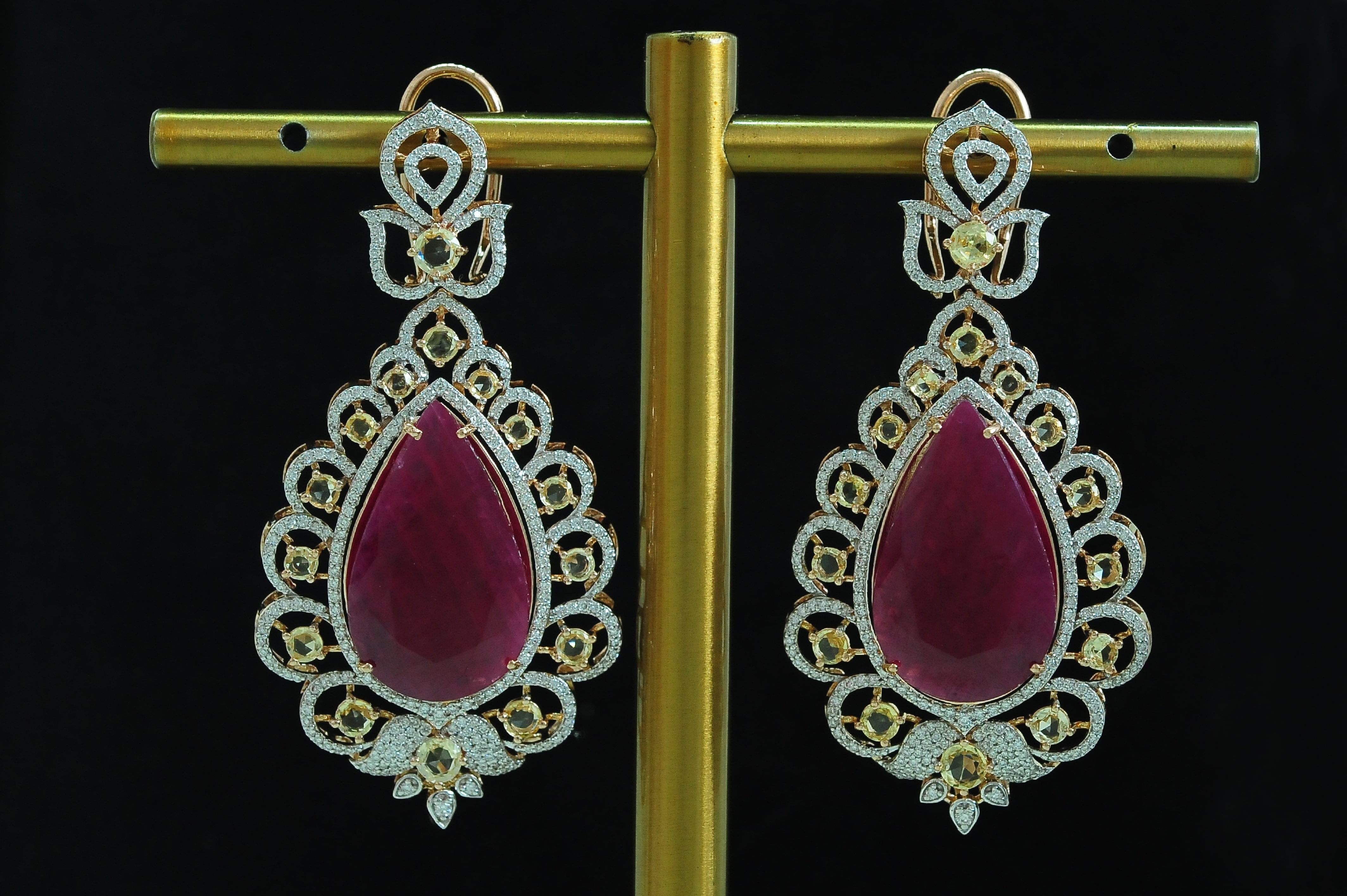 Telugu Design Diamond Earrings with Natural Rubies and Yellow Sapphire
