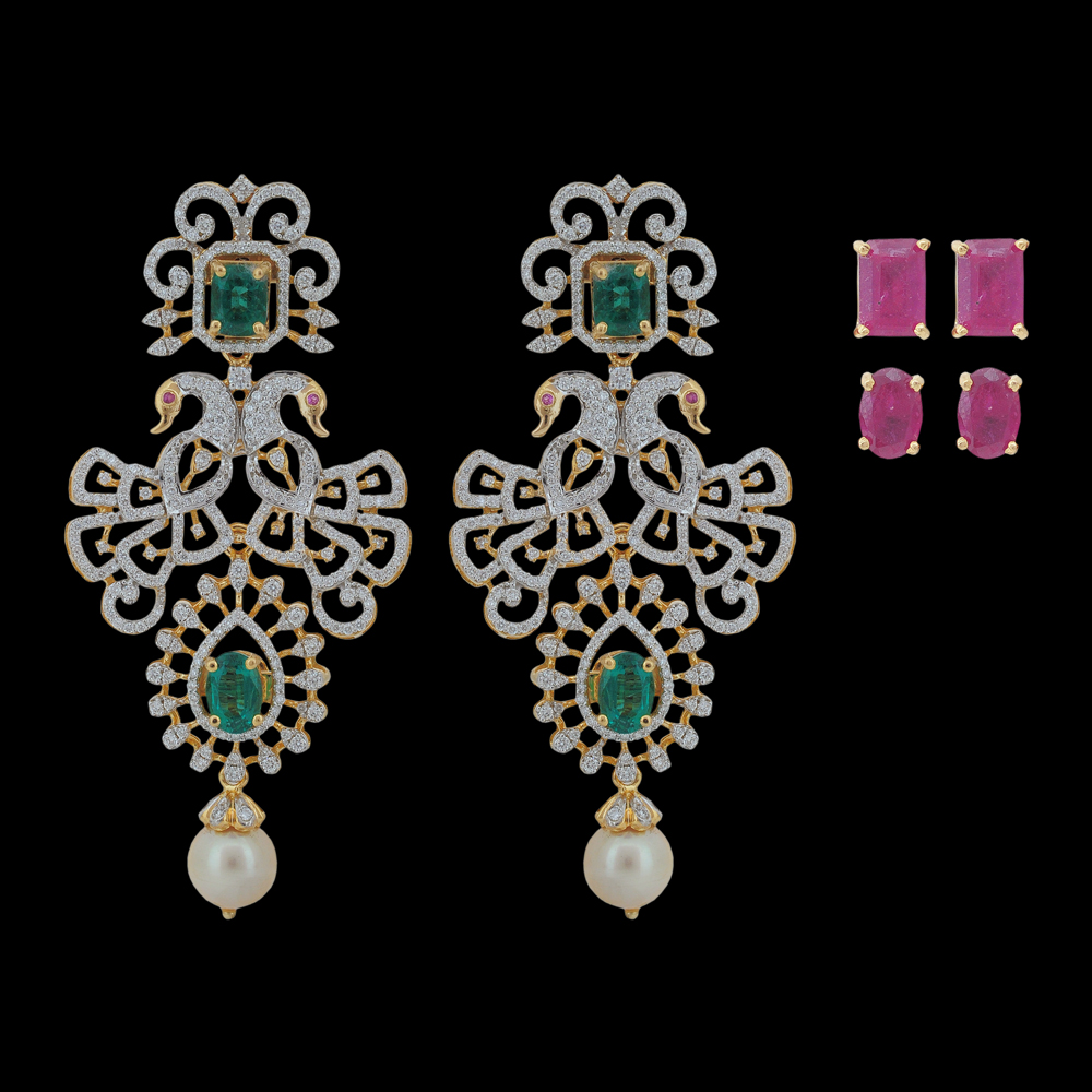 Diamond Earrings with Changeable Natural Emerald/Ruby with Pearl Drops