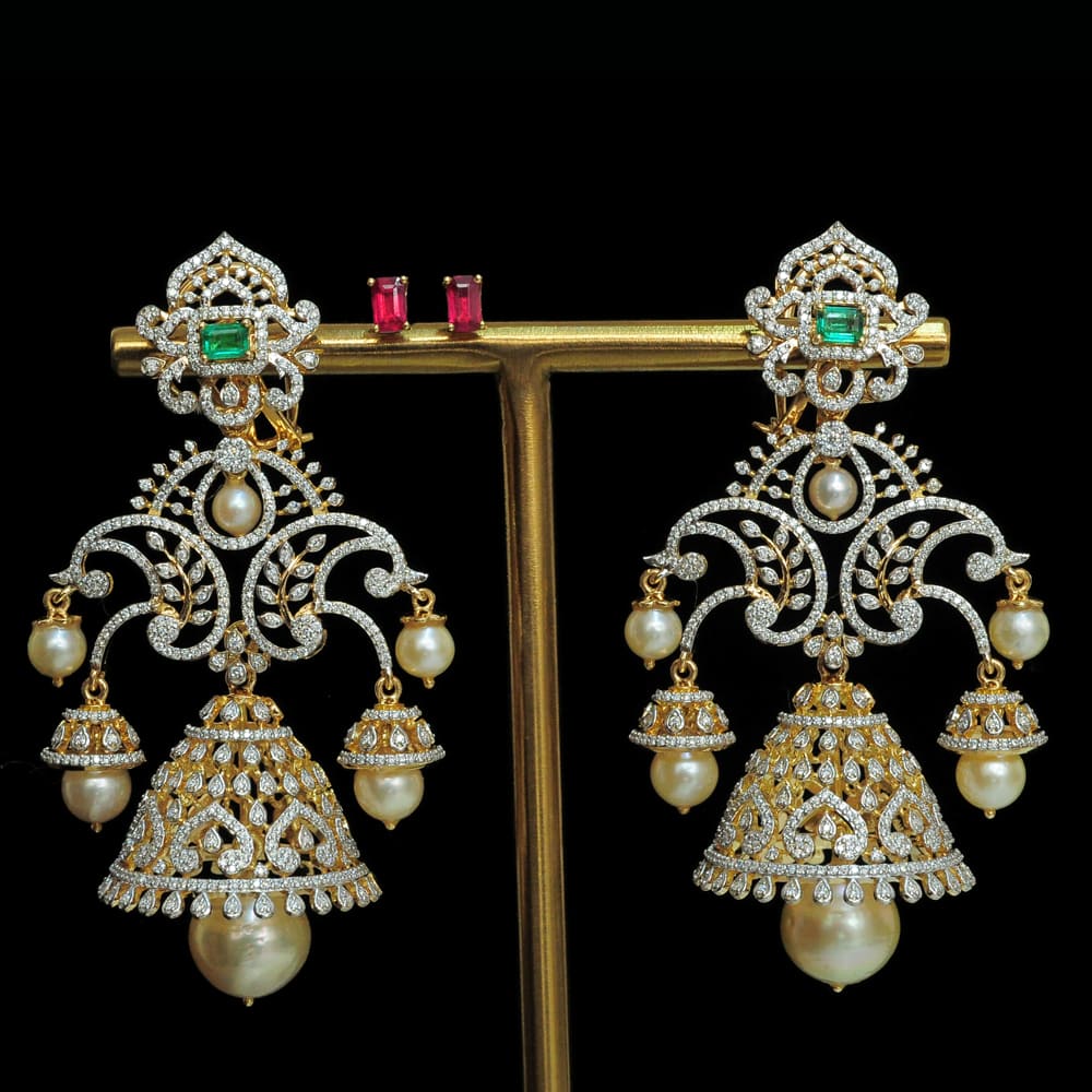 2 In 1 Diamond Earrings with changeable Natural Emeralds/Rubies and Pearl Drops.