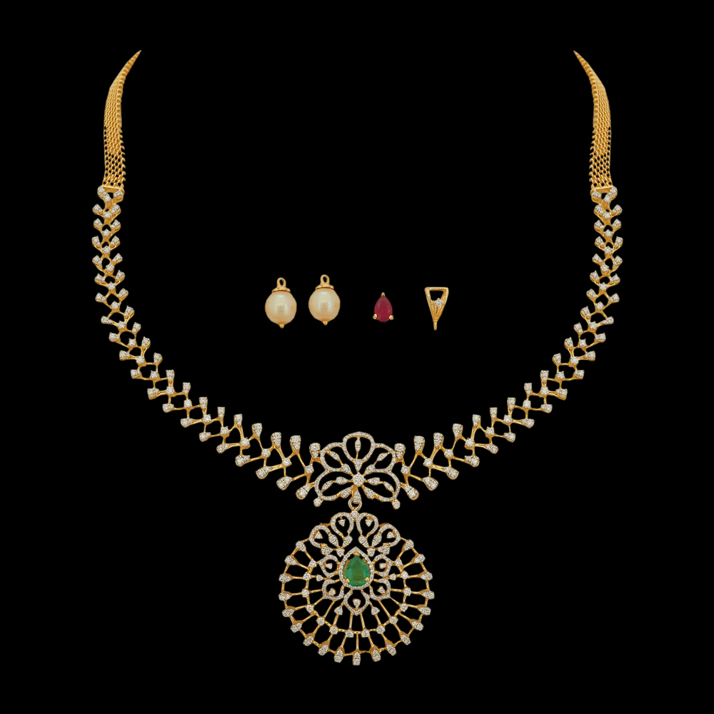 Diamond Necklace with Natural Changeable Emerald/Ruby and Pearl Drops