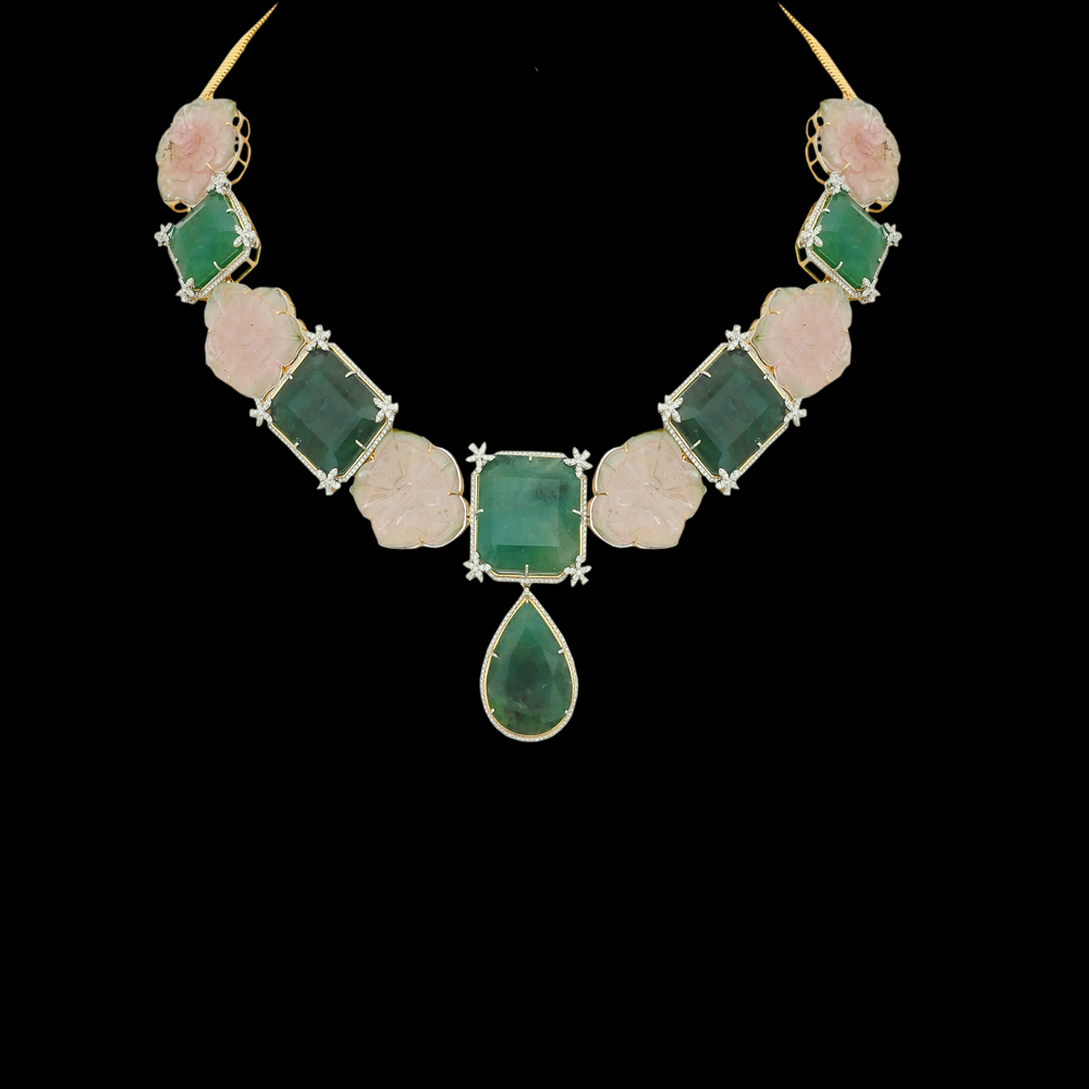 Changeable Natural Carved Emerald, Tourmaline and Diamond Choker and Earring Set