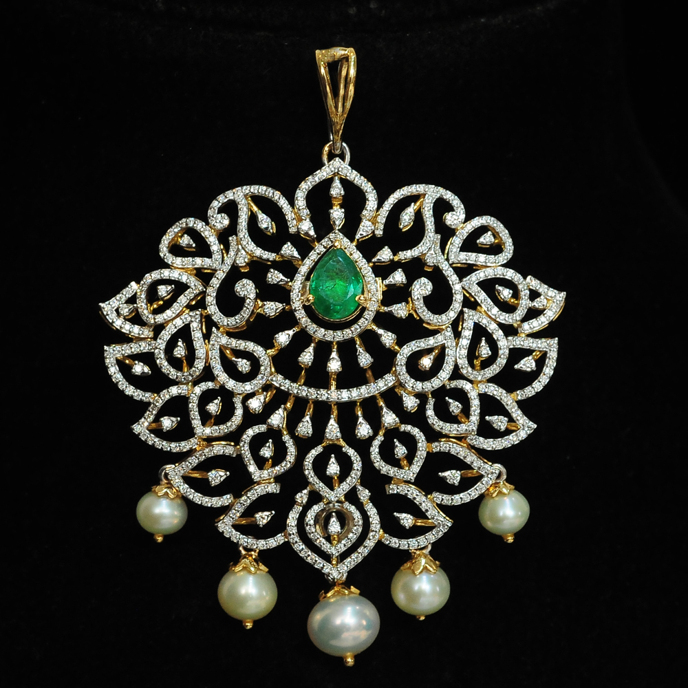 3 In 1 Bridal Diamond Necklace and Pendant with changeable Natural Emerald/Rubies and Pearl Drops.