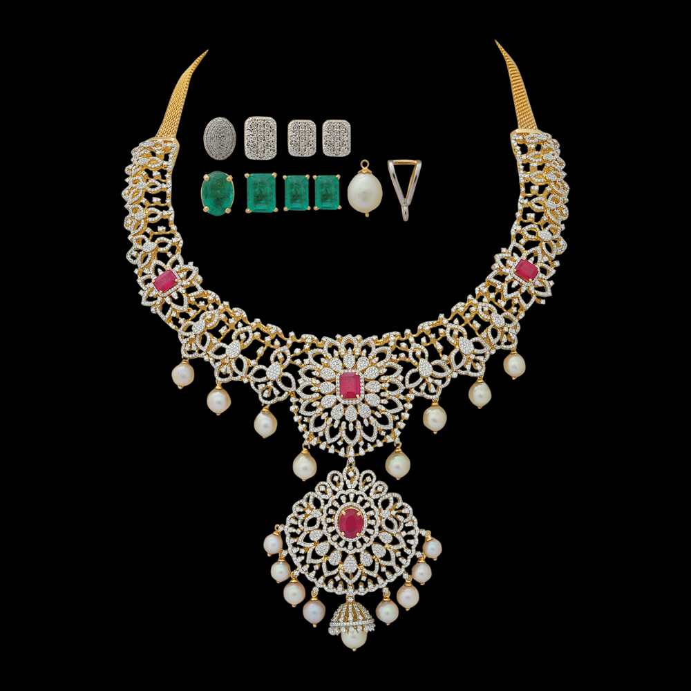 Detachable Gold & Diamond Necklace with Interchangeable Emeralds & Rubies 