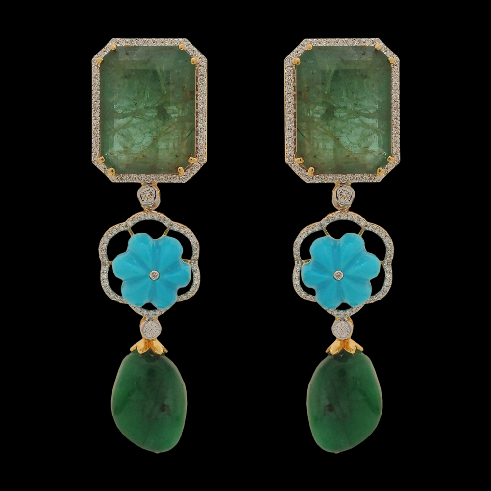 Natural Carved Emerald, Turquoise and Diamond Earrings