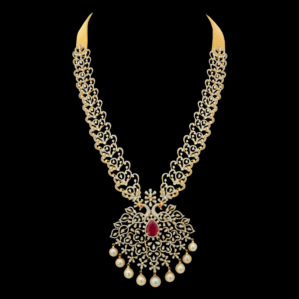 Necklace with Hanging Pearls and Encrusted Diamonds