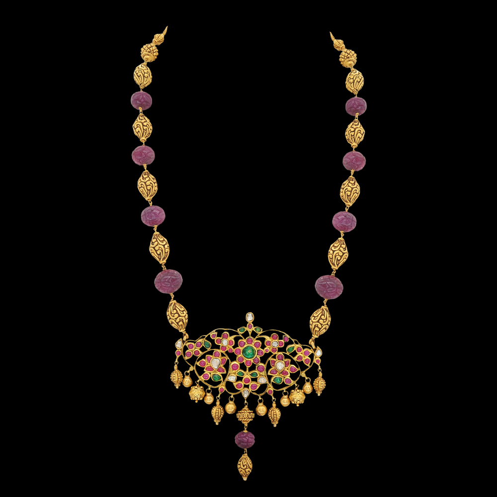 Emerald, Ruby and Diamond Necklace with Floral Pendant