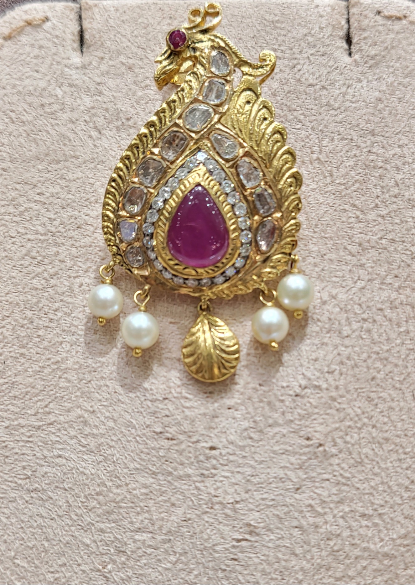 Temple Gold Pendant with Natural Ruby and South Sea Pearls.