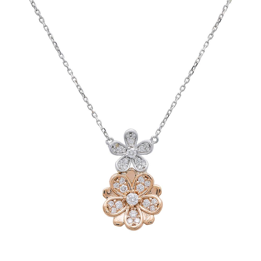 Two-Tone Diamond Floral Pendant Earring Set