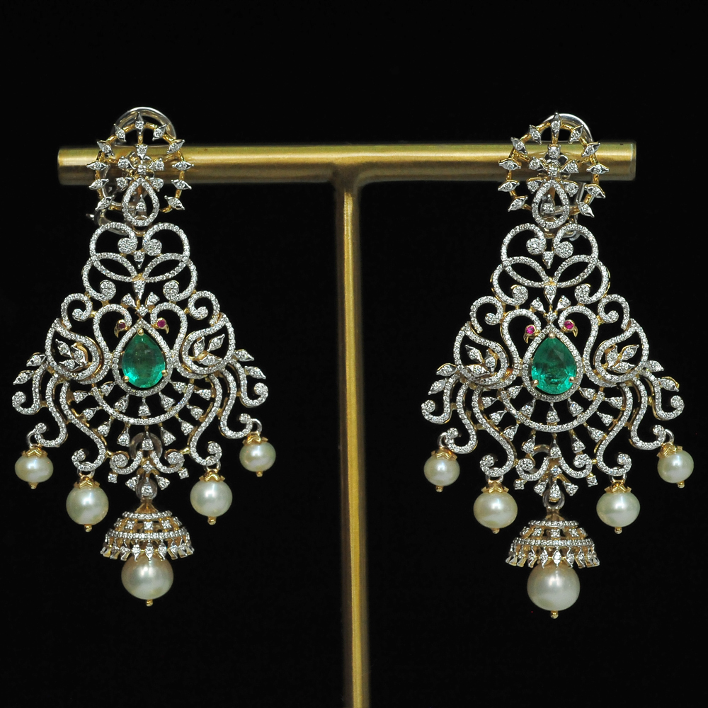 Diamond Earrings with changeable Natural Emeralds/Rubies and Pearl Drops.