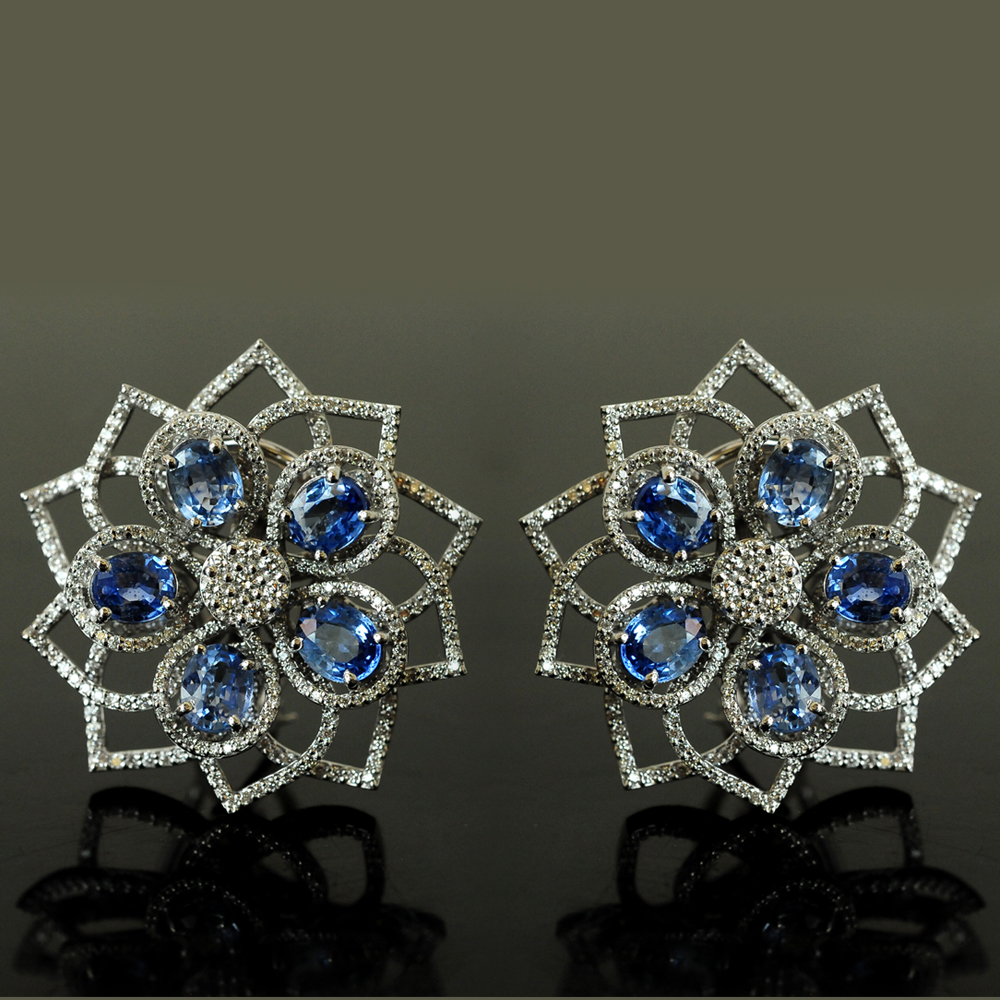 Floral Diamond Earrings with Natural Blue Sapphires.