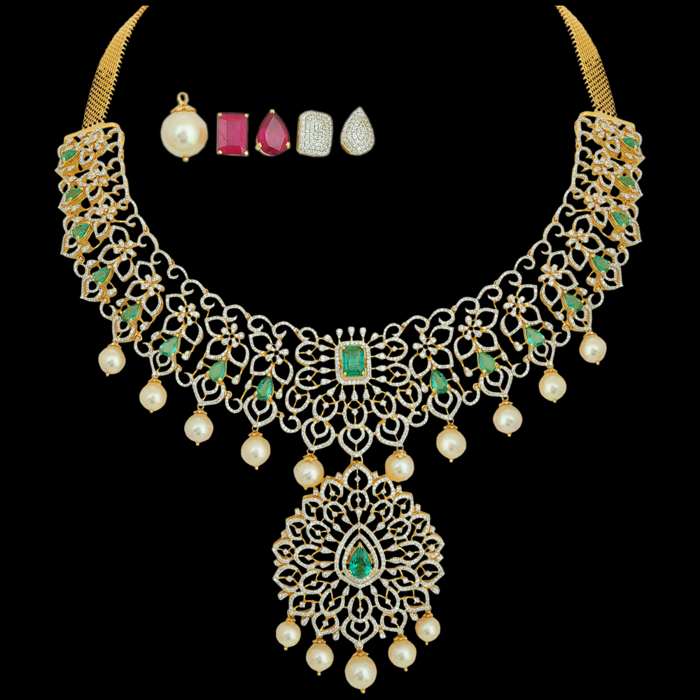 3-in-1 Changeable Natural Emerald/Ruby and Diamond Choker and Pendant with Pearl drops
