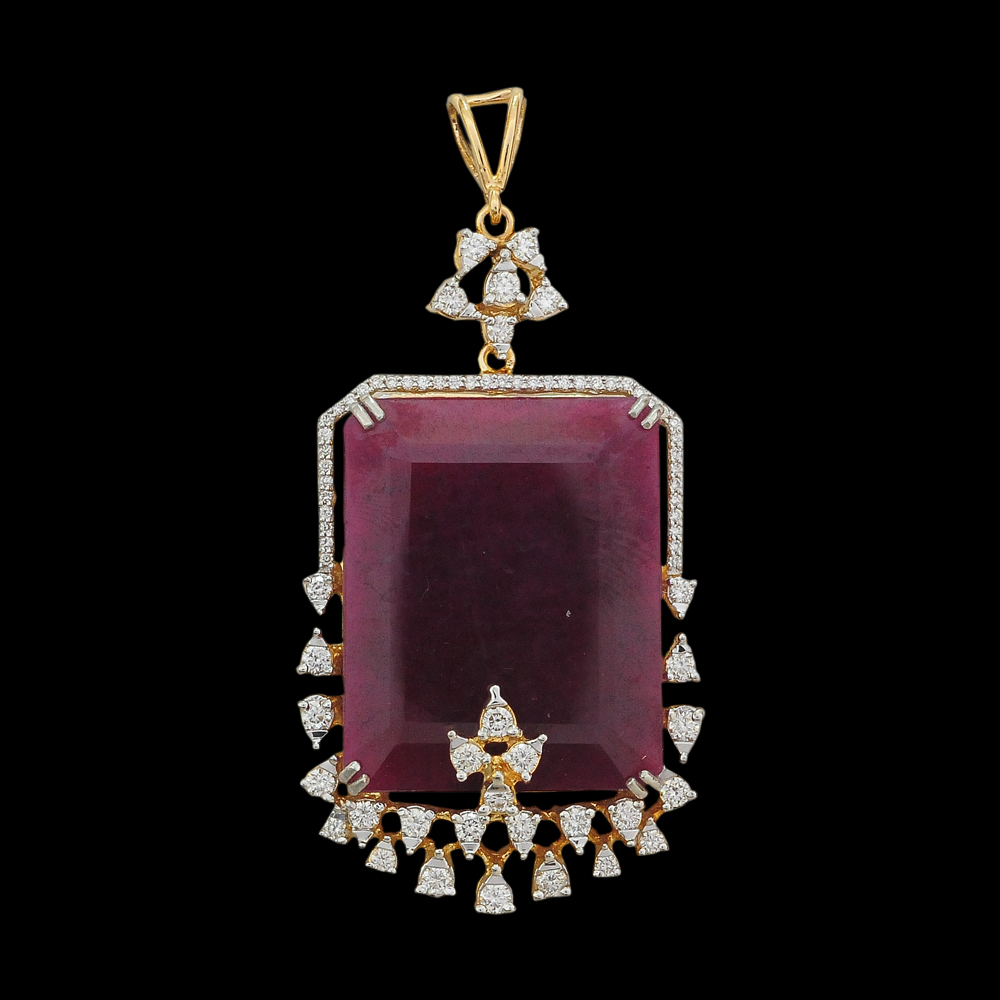 Natural Carved Ruby And Diamond Pendant And Earrings 