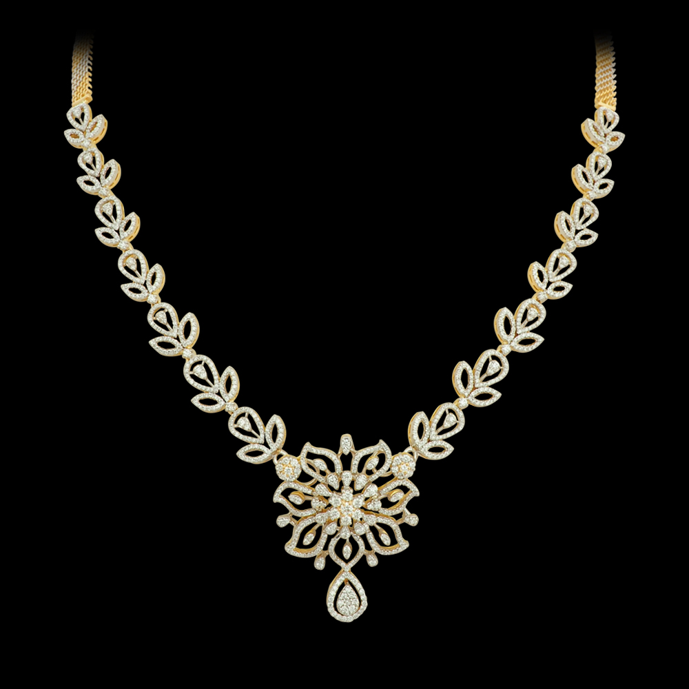 Floral Motif Diamond Necklace Earrings Set