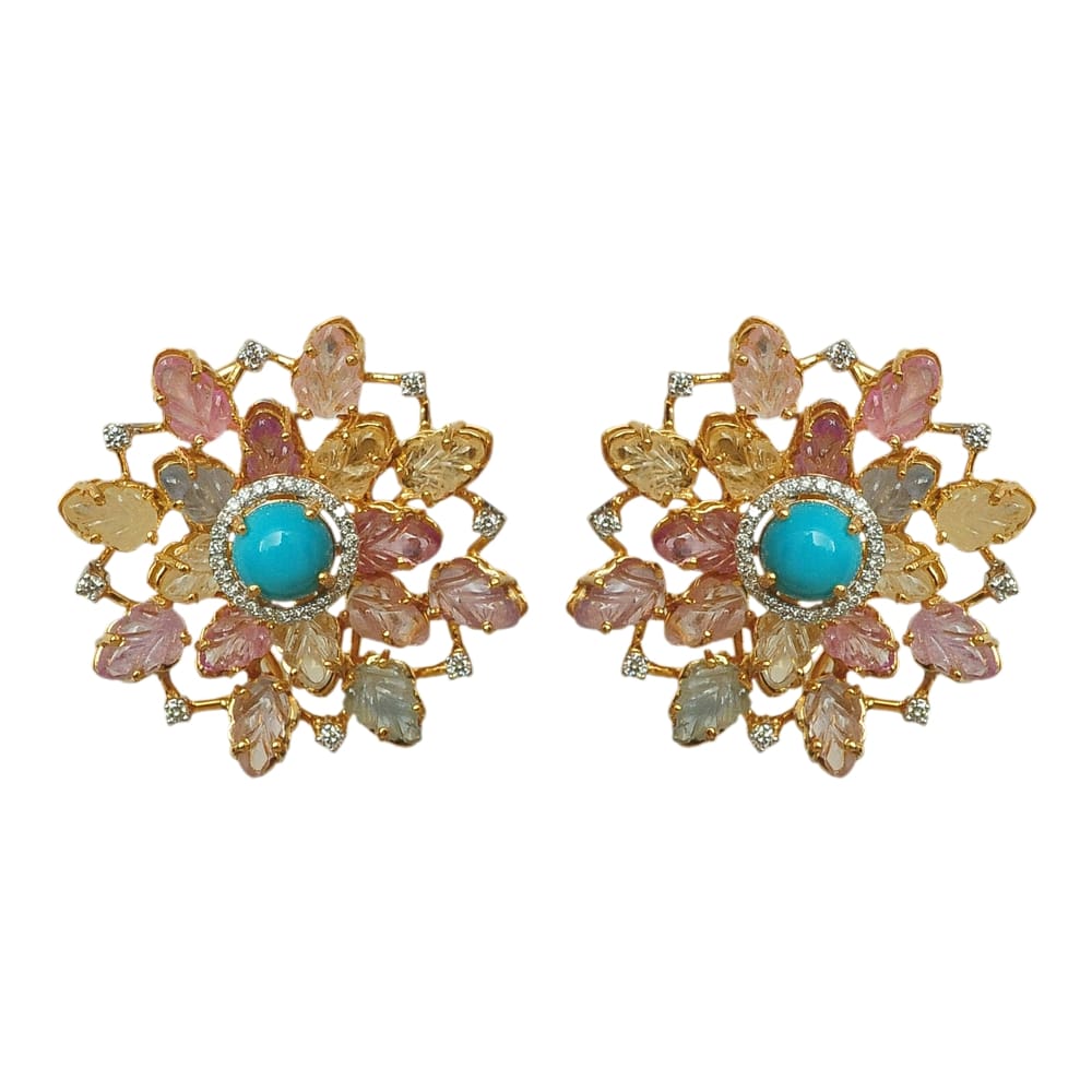  Diamond Earrings with Natural Sapphire Leaf and Turquoise.