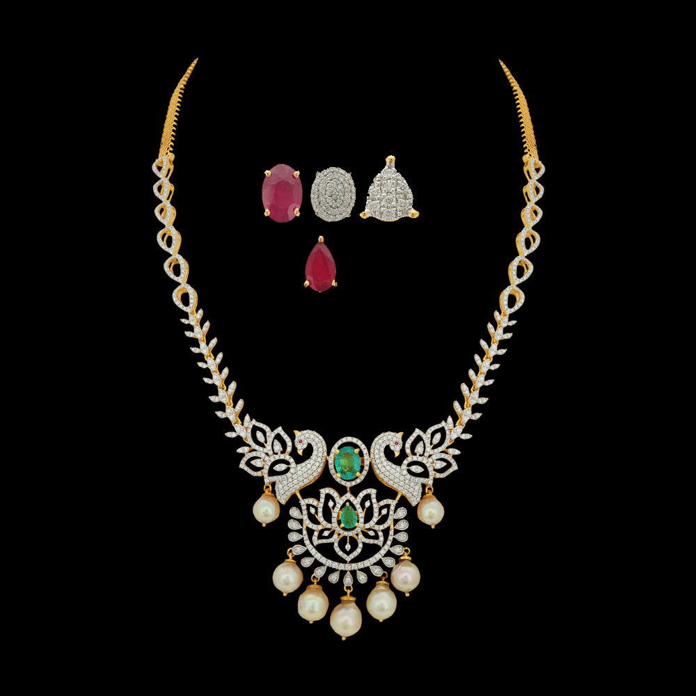 Emerald, Ruby and Diamond Studded 18K Gold Necklace and Earrings Set 
