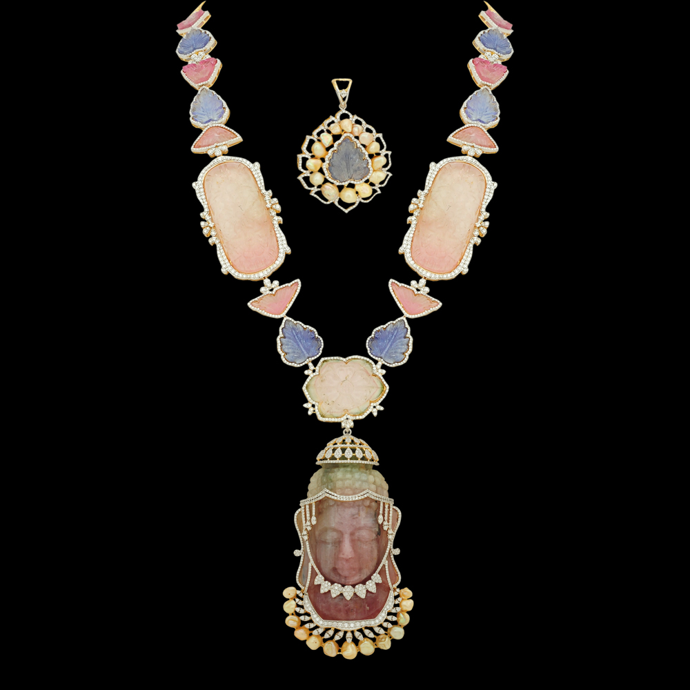2-in-1 Natural Carved Buddha Tourmaline, Tanzanite and Diamond Haaram, Pendant and Earrings Set 