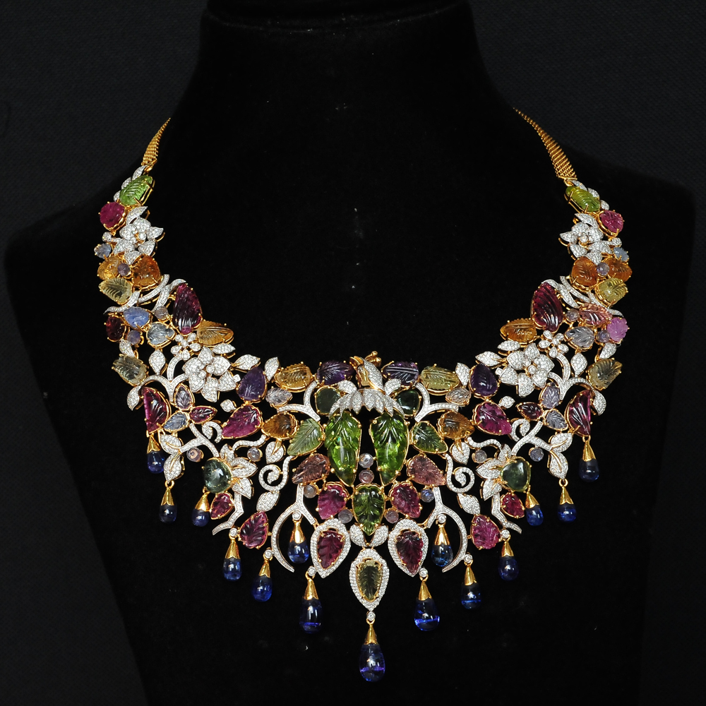 Diamond Necklace With Natural Tourmaline, Tanzanite, Multi-Colour Sapphires and Peridot