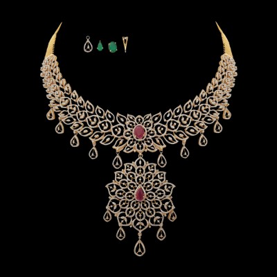 3-in-1 natural ruby/emerald and diamond choker, necklace and pendant with pearl drops