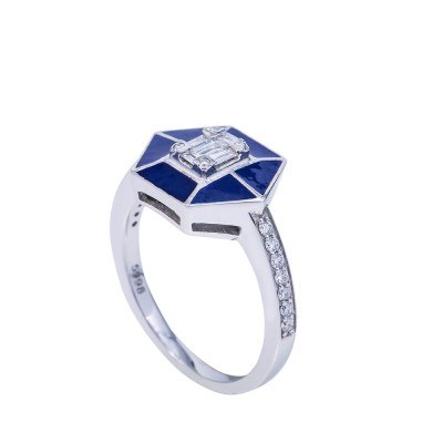  Blue Enamel Diamond Ring in 18k White Gold in New Jersey