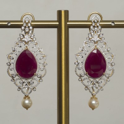 pear shaped diamond earrings with natural rubies and pearl drops
