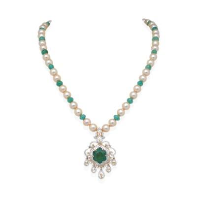 natural emerald, pearls and diamond necklace