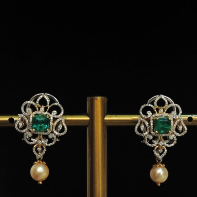 2 in 1 diamond earrings with changeable natural emeralds/rubies and pearl drops.