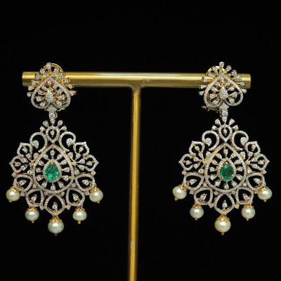 2 in 1 bridal diamond earrings with changeable natural emerald/rubies and pearl drops.