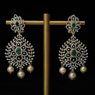 diamond earrings with changeable natural emeralds/rubies and pearl drops.