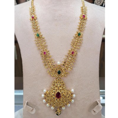temple gold necklace with changeable natural emeralds/rubies and south sea pearls.
