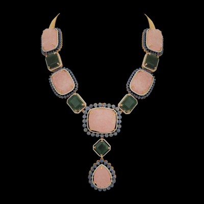 2-in-1 diamond necklace and pendant with natural carved emerald, morganite and sapphire	