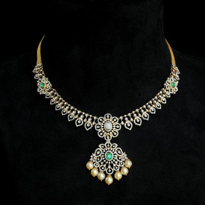 diamond necklace with changeable natural emeralds/rubies and pearl drops.
