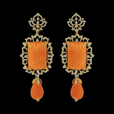 Drop earrings with carved natural corals studded with Diamonds