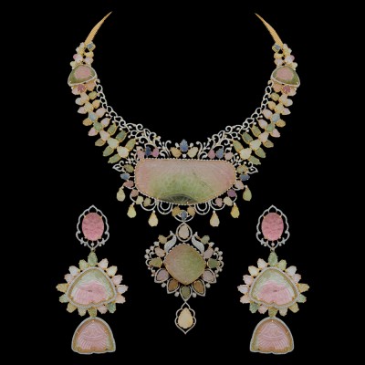 3-in-1 diamond necklace with natural carved tourmaline and sapphires and earrings set