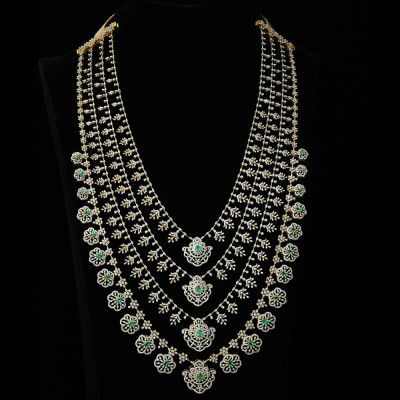 4-in-1 bridal layered diamond haaram necklace with changeble natural emeralds/rubies
