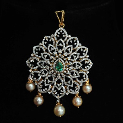 diamond pendant with changeable natural emeralds/rubies and pearl drops.