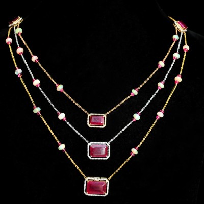 3 layer diamond necklace with natural rubies, spinel and opal beads.