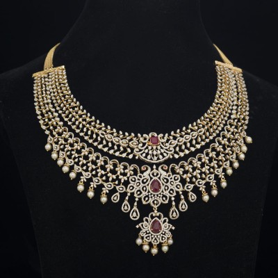 10-in-1 diamond choker necklace and pendant with changeable natural emeralds/rubies and detachable pearl drops.