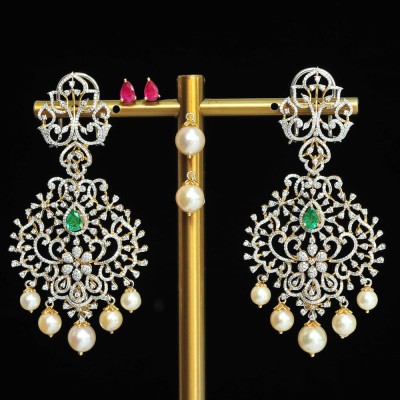 2 in 1 diamond earrings with changeable natural emeralds /rubies and pearl drops.